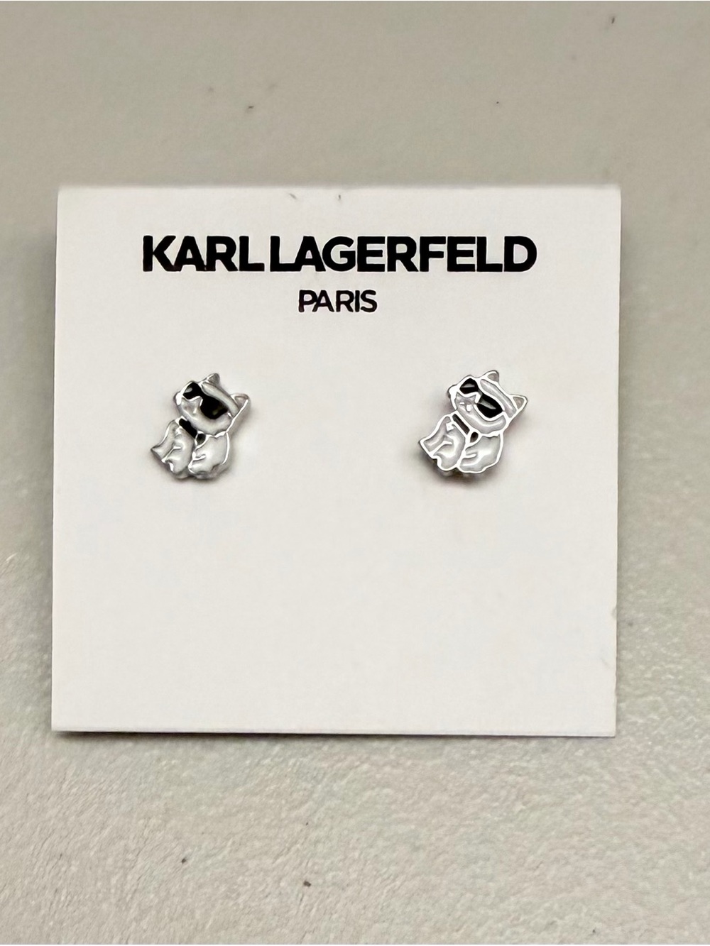 Karl Lagerfeld Silver Cat Stud Earrings with Black Accents